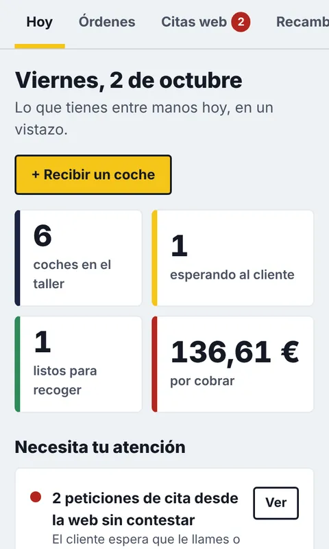 Aplicación de ejemplo de un taller: coches, cobros y avisos del día.